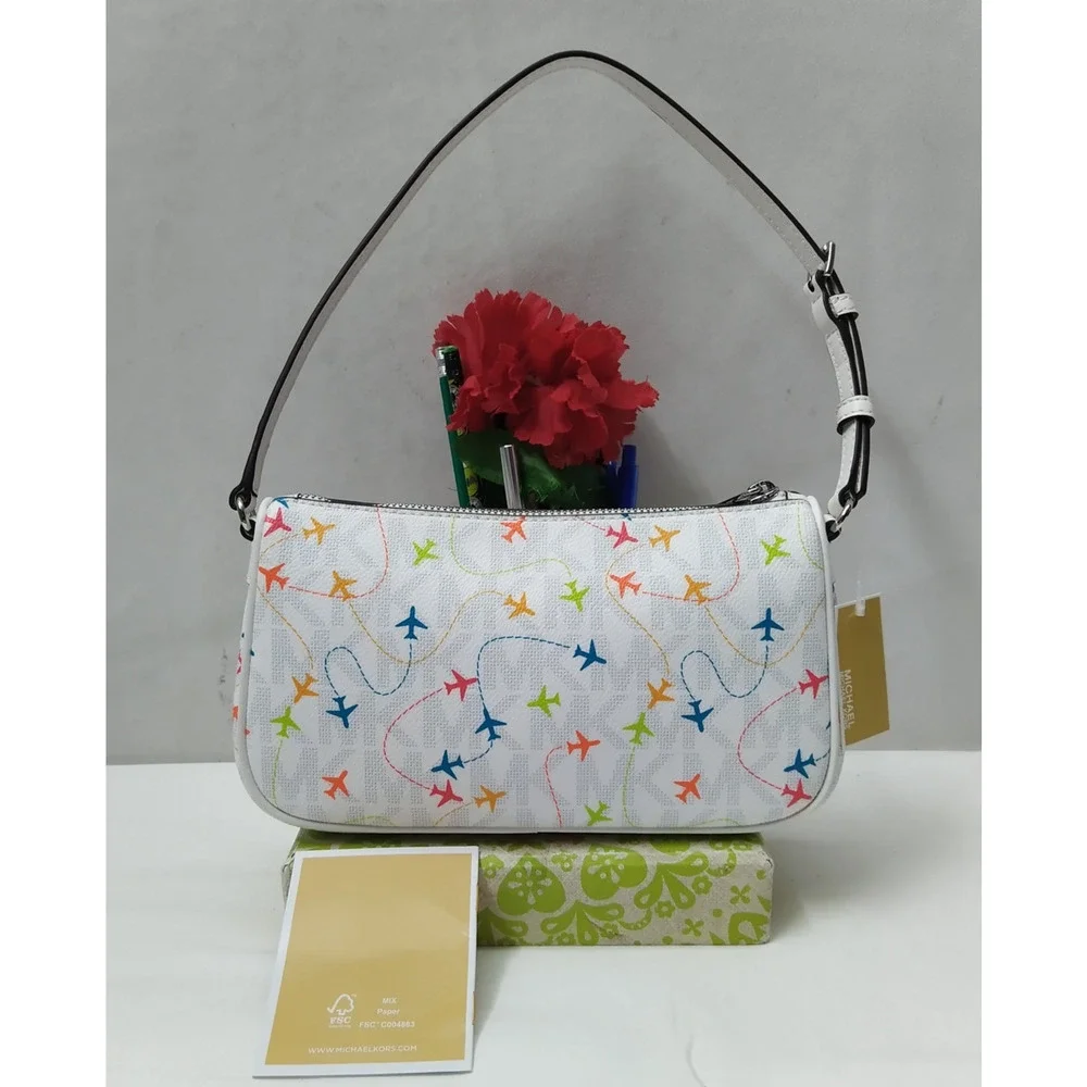 Michael Kors Jet Set White Leather Airplanes Printed Zipper Hobo Bag - NWT